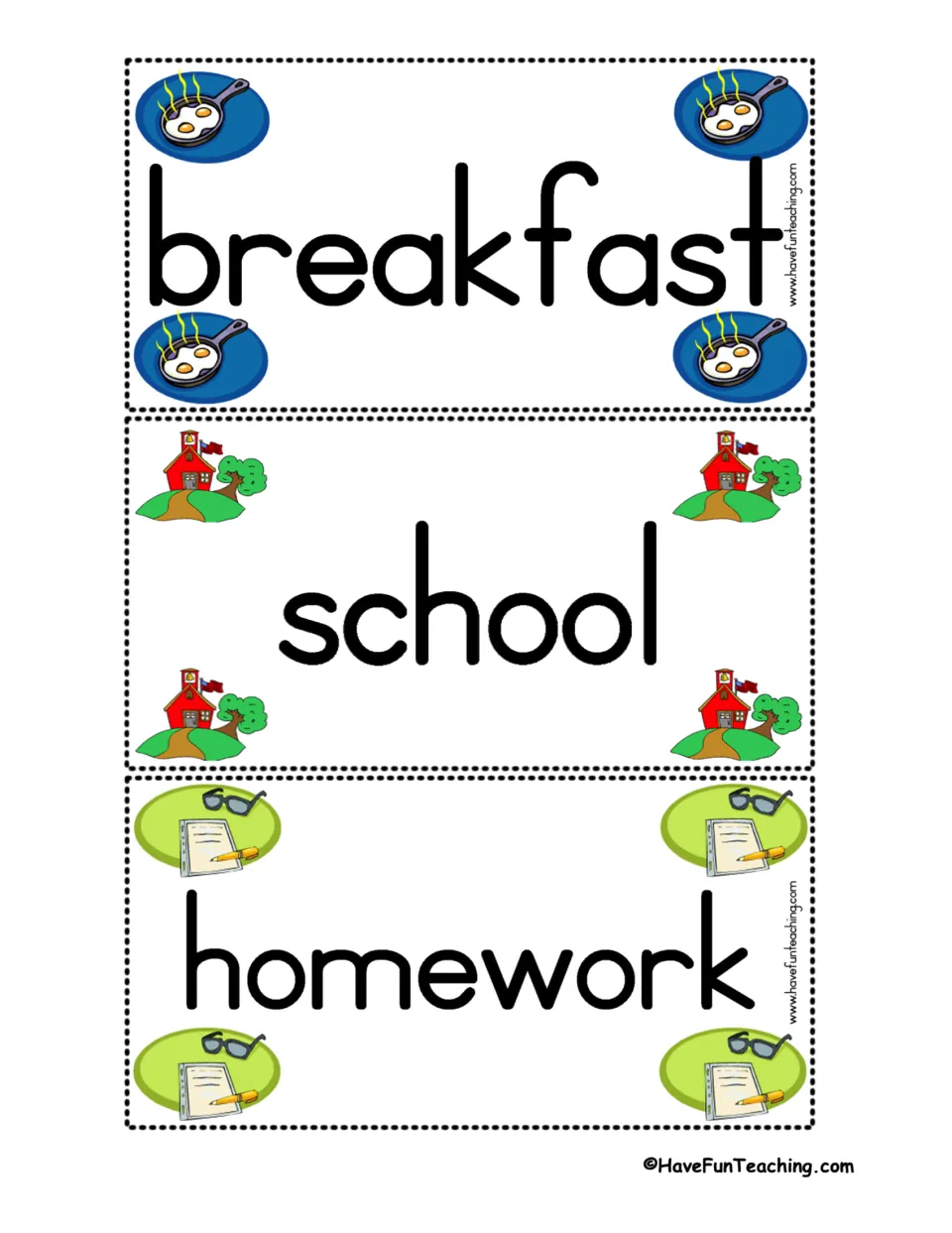 Daily schedule word signs: cut-apart cards reading breakfast, school and homework, each with matching clip art