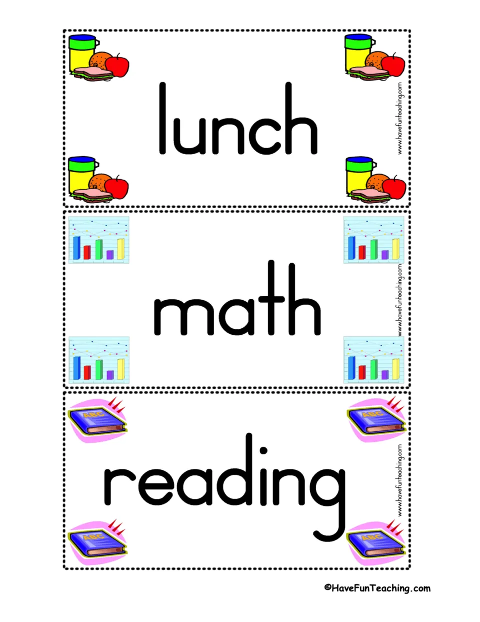 Subject and mealtime signs for lunch, math and reading, shown with lunch food, bar graph and ABC book pictures