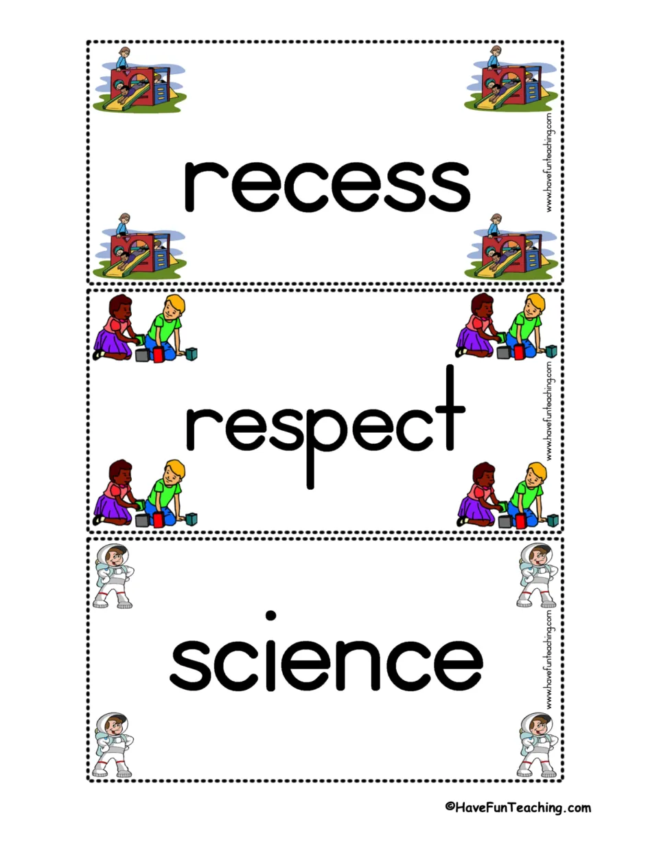 Signs for recess, respect and science, pictured with a playground slide, two kids sharing blocks and an astronaut