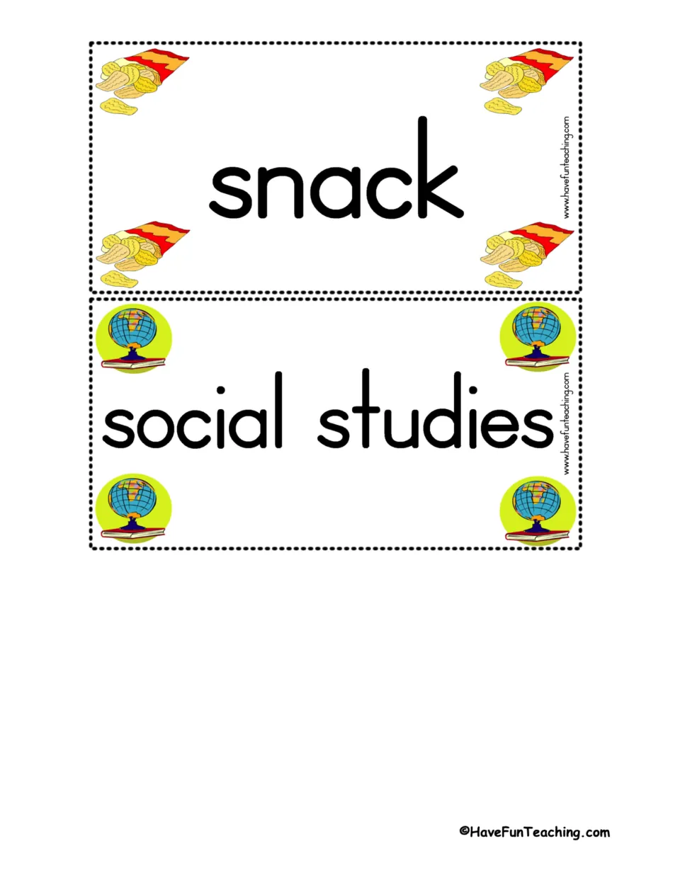Final two schedule signs: snack with a bag of chips and social studies with a globe on books, ready to cut out