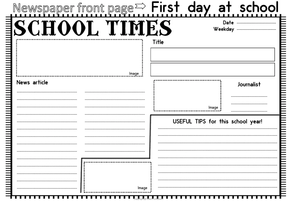 First day at school newspaper: students write a titled news article, add 3 images and list useful tips for the year