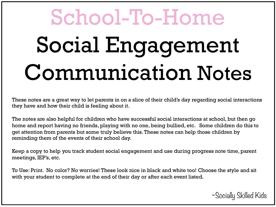 Social Engagement Communication Notes title page explaining how to share a child's social day with parents