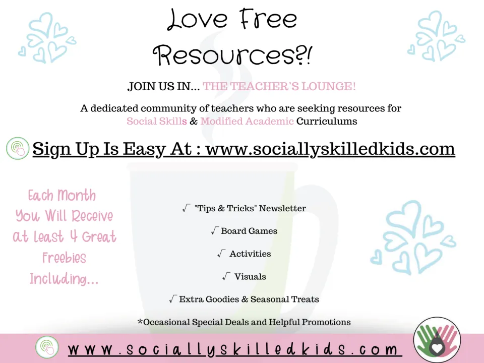 Teacher's Lounge sign-up ad offering monthly freebies such as a newsletter, board games, activities and visuals