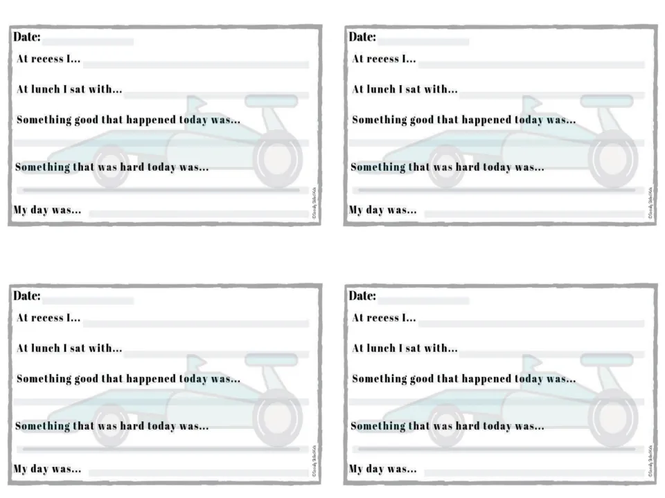 Race car daily notes: students finish prompts on recess, who they sat with at lunch, a good and a hard moment