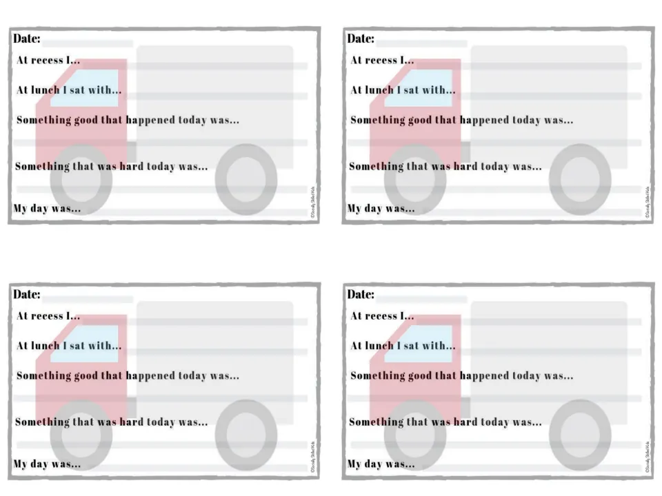 Red truck social day notes, four per sheet: students note recess play, lunch partners, a good event and a hard one