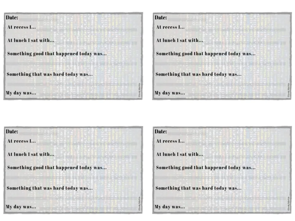 Computer code backdrop on four daily notes where students record recess, lunch seating and what was good or hard
