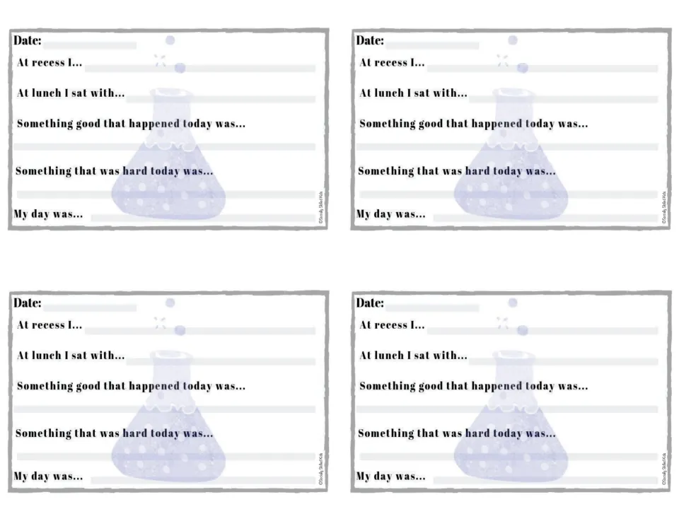 Science flask social notes asking students to reflect on recess, lunch, one good thing, one hard thing and the day