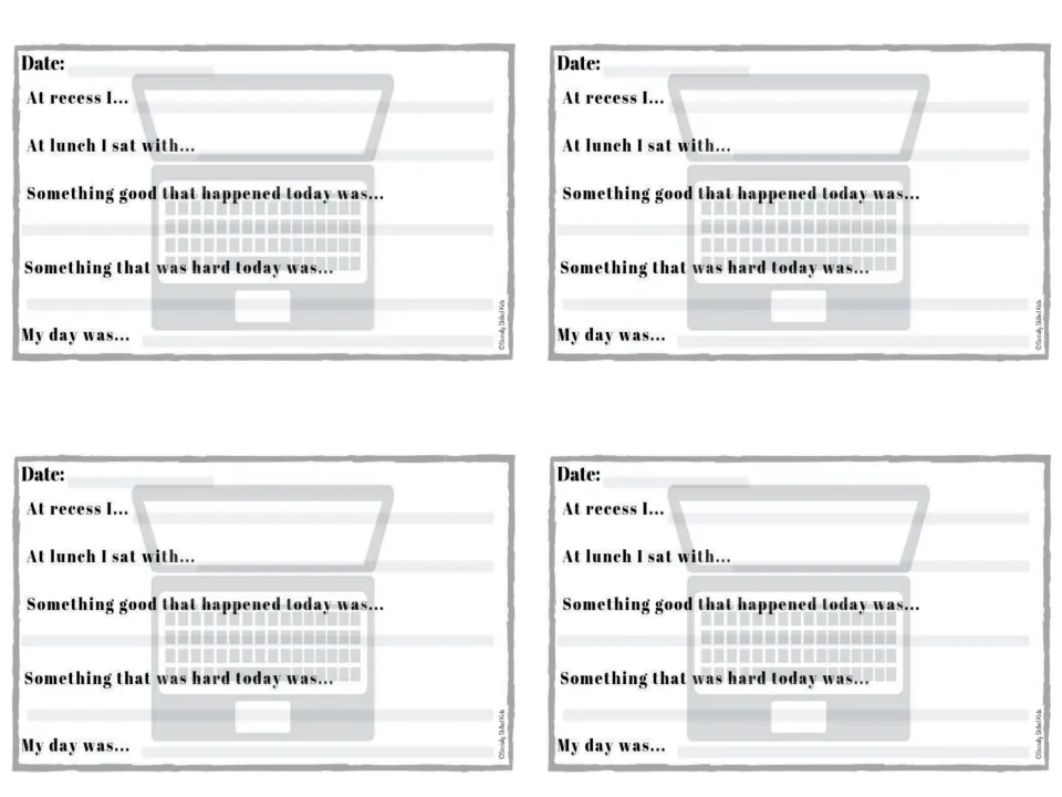Laptop design notes: students write about recess, who I sat with at lunch, something good, something hard and my day