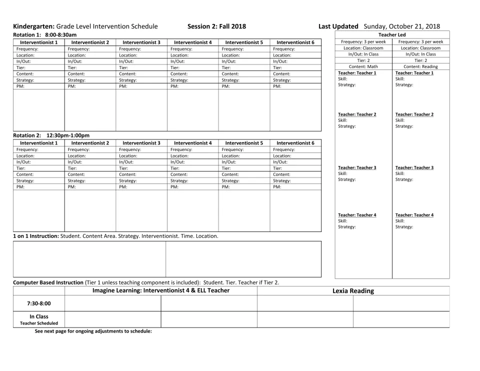 Kindergarten intervention schedule, Fall 2018 Session 2: blank slots for six interventionists and teacher-led groups