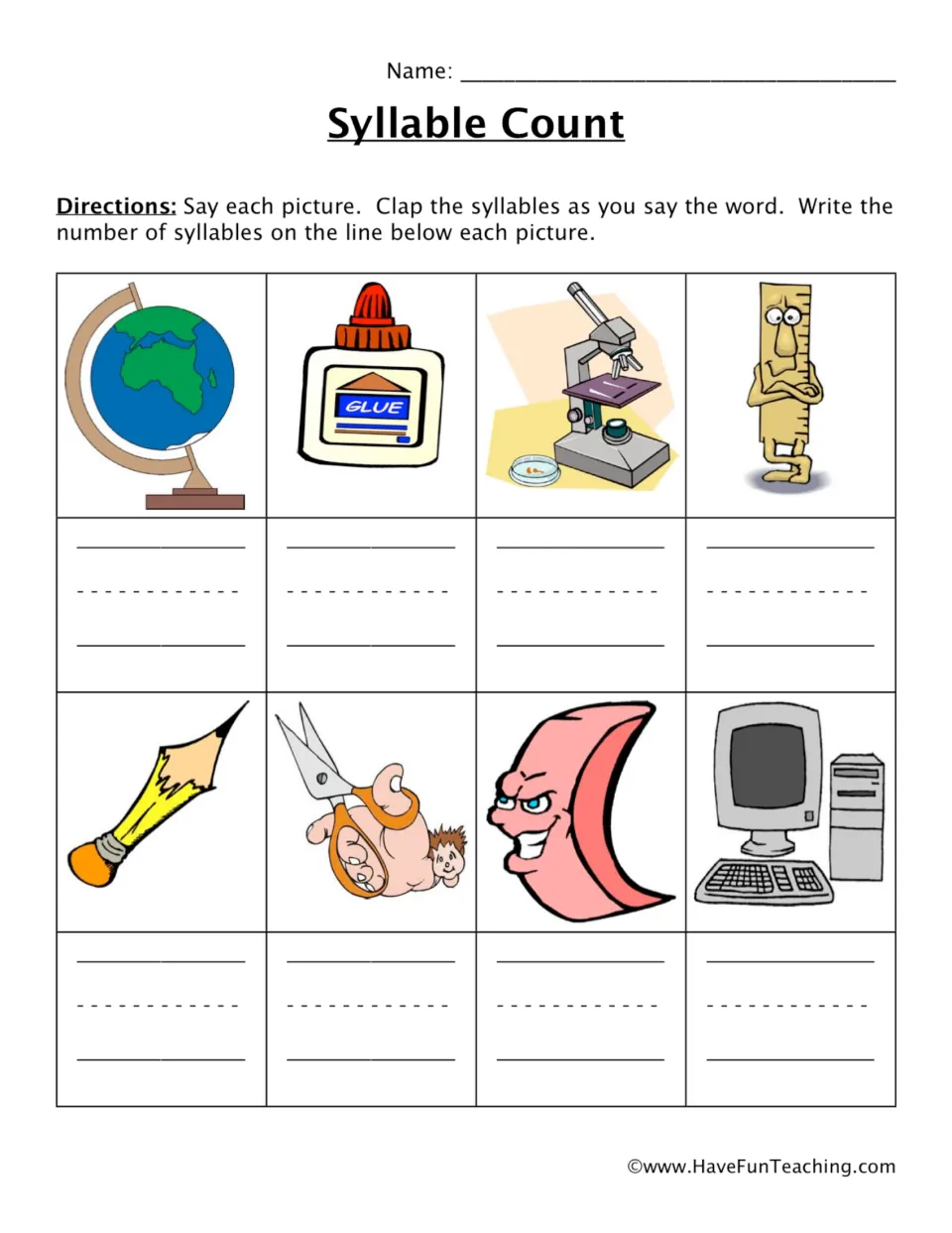 Syllable counting practice: say and clap eight school words, including globe, glue, microscope, and ruler.
