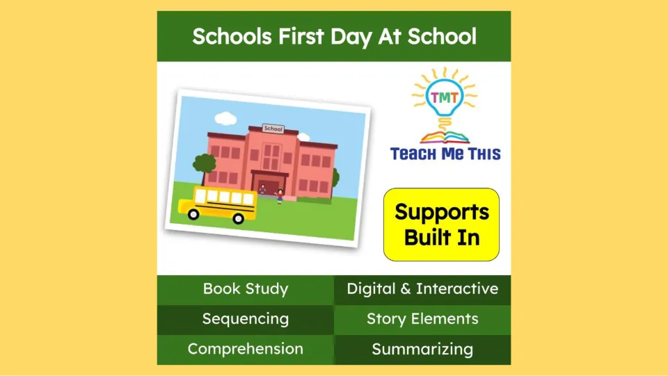 Schools First Day At School book study cover lists sequencing, comprehension, story elements, and summarizing