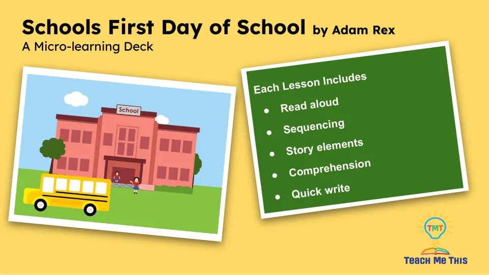 Book study overview lists read-aloud, sequencing, story elements, comprehension, and quick-write lesson components
