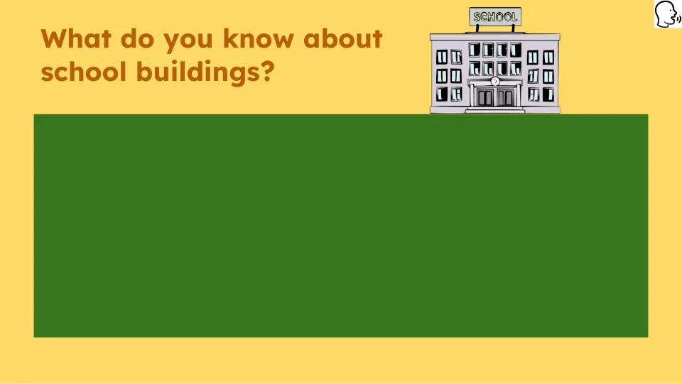 Opening book study prompt asks, 'What do you know about school buildings?' and provides space to respond