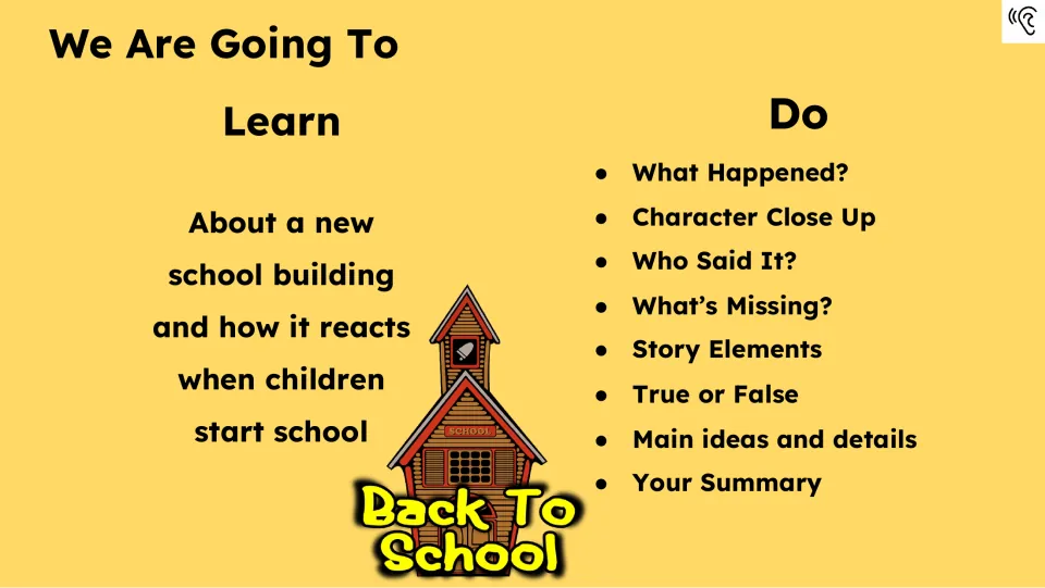 Lesson agenda introduces a new school building's reactions to children and lists eight book study activities