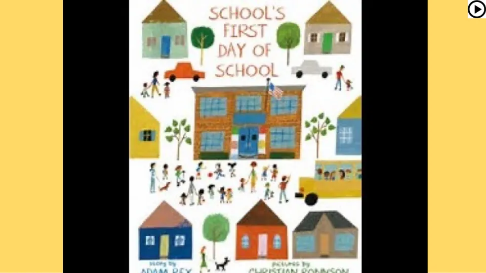 Read-aloud slide shows the featured book's cover, depicting a school and arriving children, with a play icon