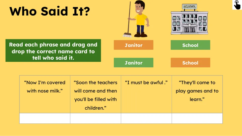 Who Said It? activity asks students to drag Janitor or School name cards to identify speakers of four quotations