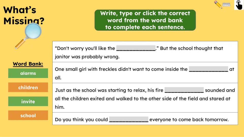 What's Missing? activity has four story sentences to complete using the words alarms, children, invite, and school