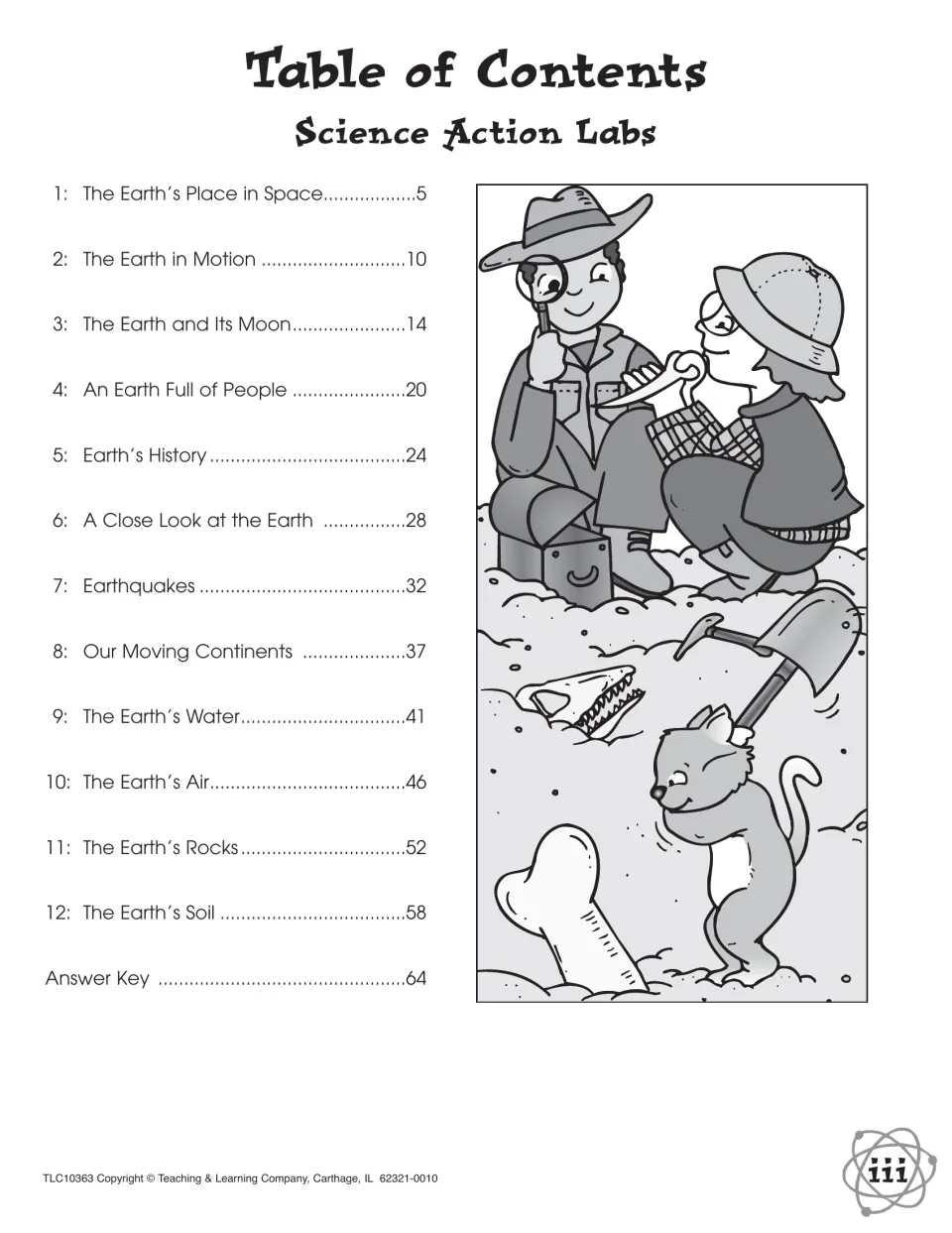 Table of contents listing 12 earth labs, from The Earth's Place in Space to The Earth's Soil, plus an answer key