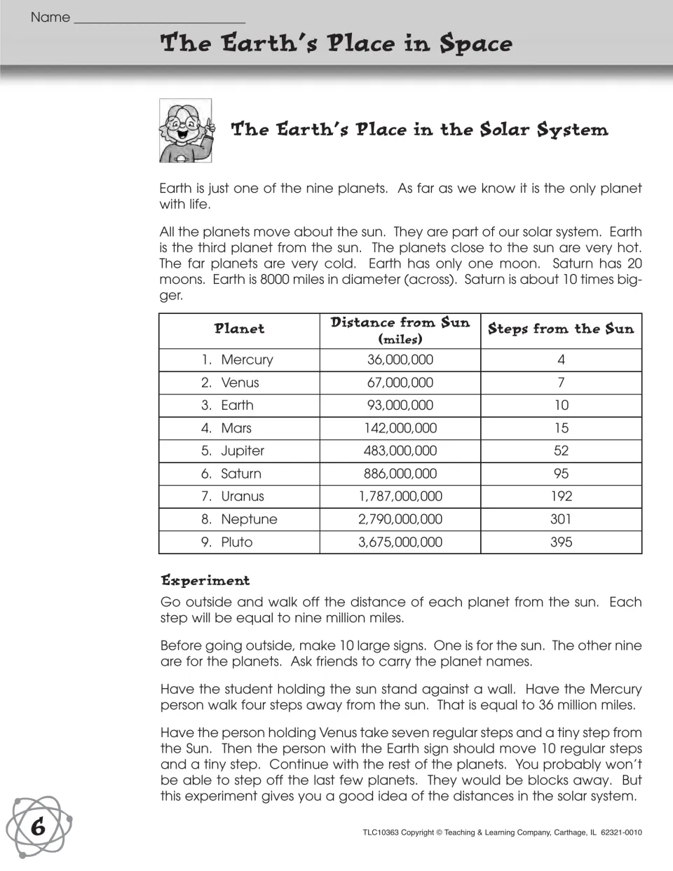 Solar system distances: students pace off each planet's distance from the sun outdoors using a table of miles and steps