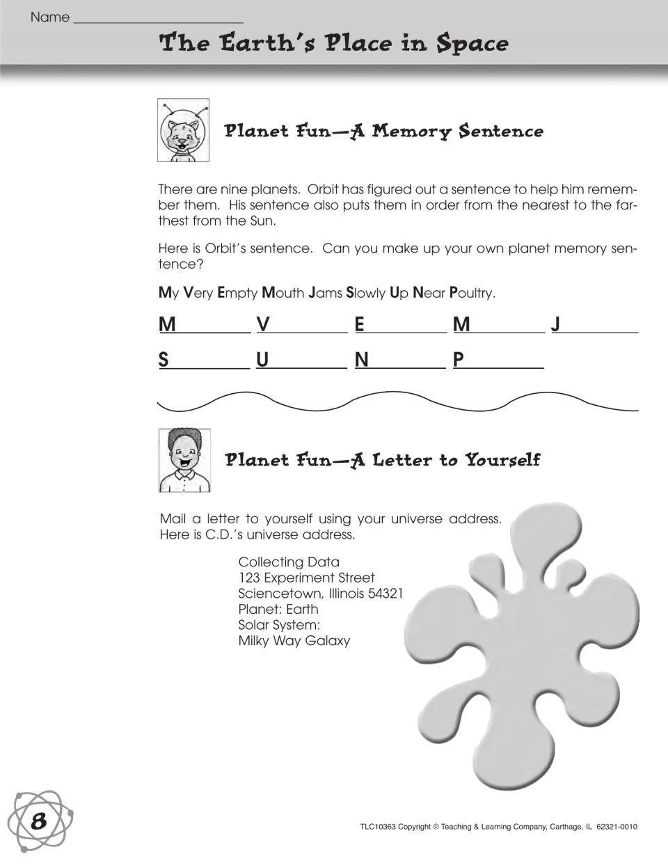 Planet Fun: students make a planet-order memory sentence from M V E M J S U N P, then write their universe address