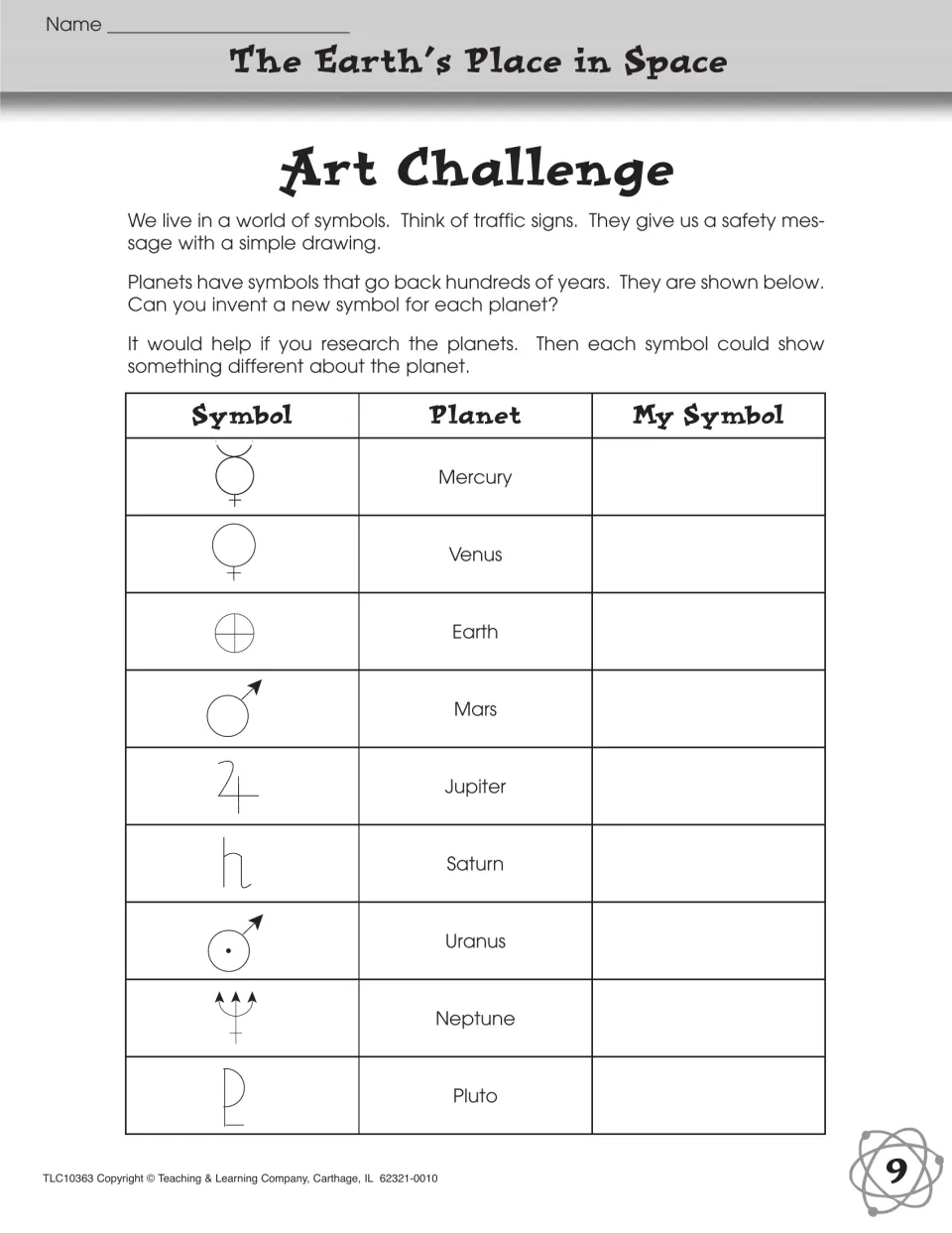 Art Challenge: students compare the traditional symbol for each of the nine planets and design their own