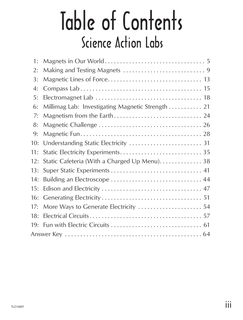 Table of contents listing 19 labs from Magnets in Our World to Fun with Electric Circuits, plus the answer key on page 64