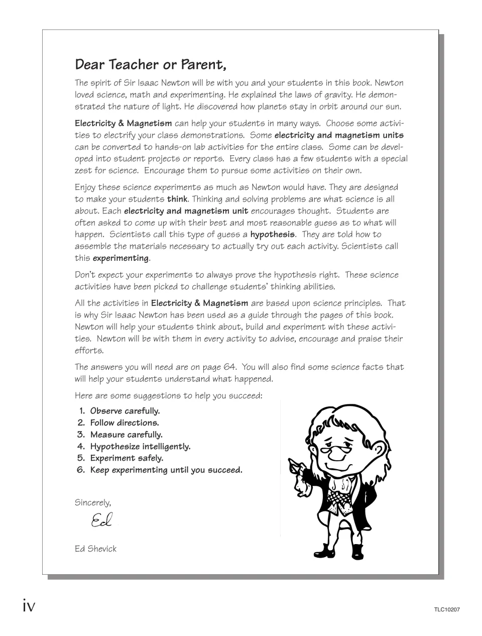 Dear Teacher or Parent letter introducing Sir Isaac Newton as lab guide and listing six tips for experimenting