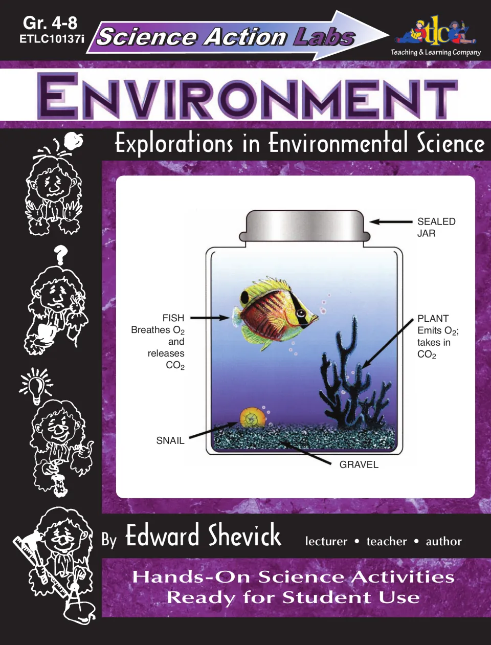 Science Action Labs Environment cover: sealed jar diagram of fish, plant, snail and gravel trading oxygen and CO2