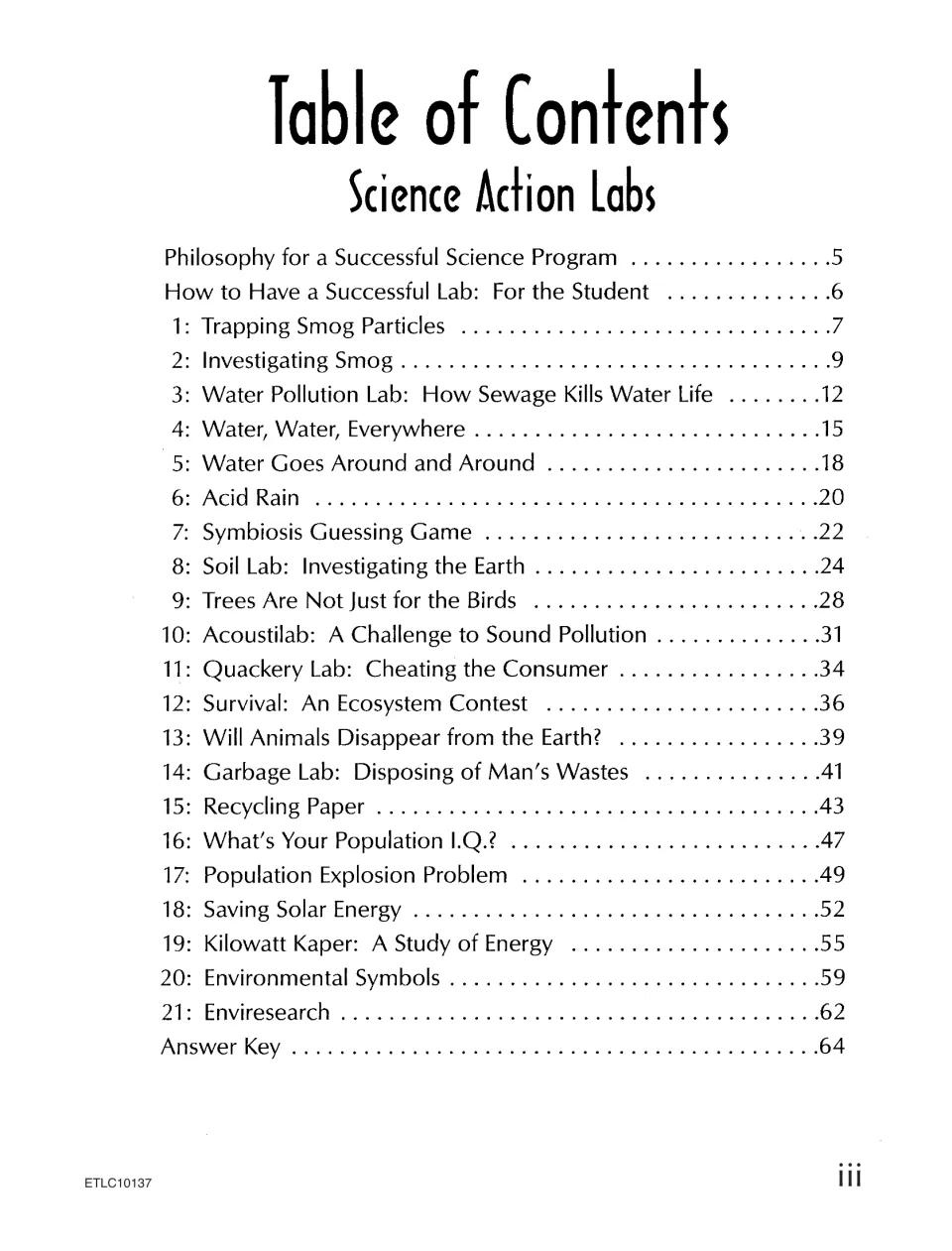 Table of contents listing 21 labs, from Trapping Smog Particles and Acid Rain to Recycling Paper and Enviresearch
