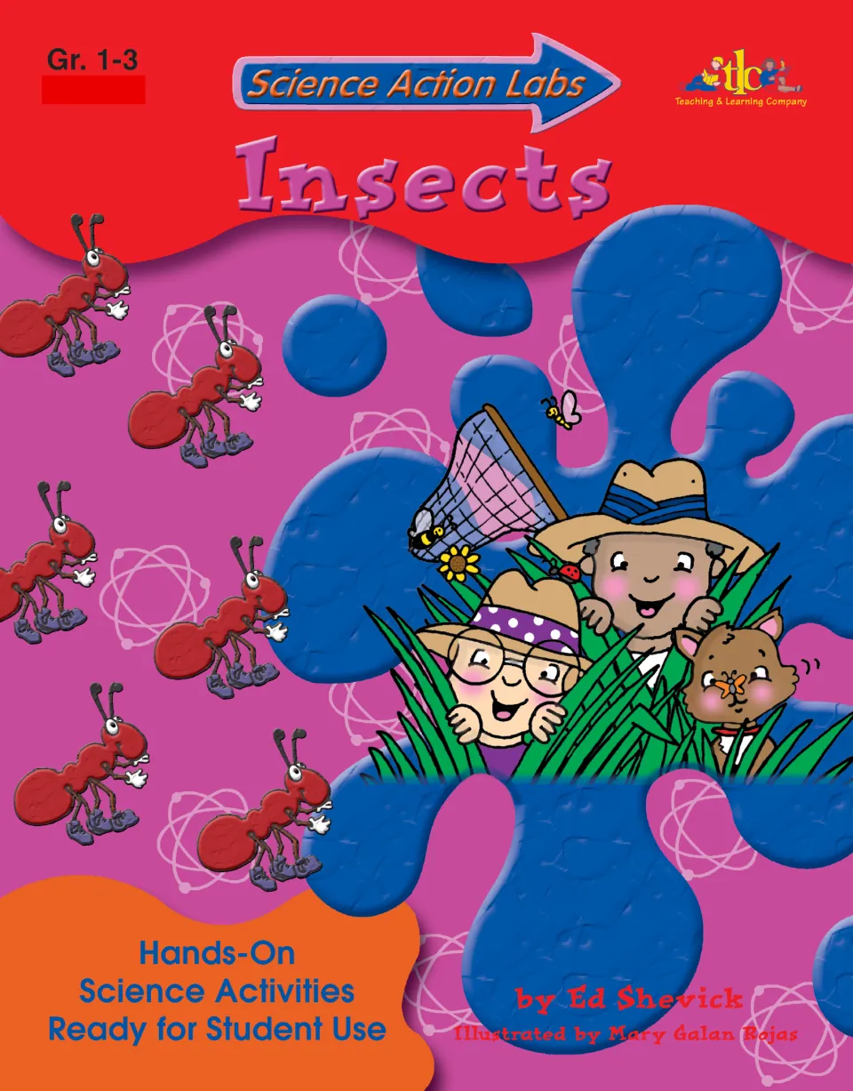 Cover of Science Action Labs Insects, Gr. 1-3, by Ed Shevick, showing cartoon ants and kids with a bug net in the grass