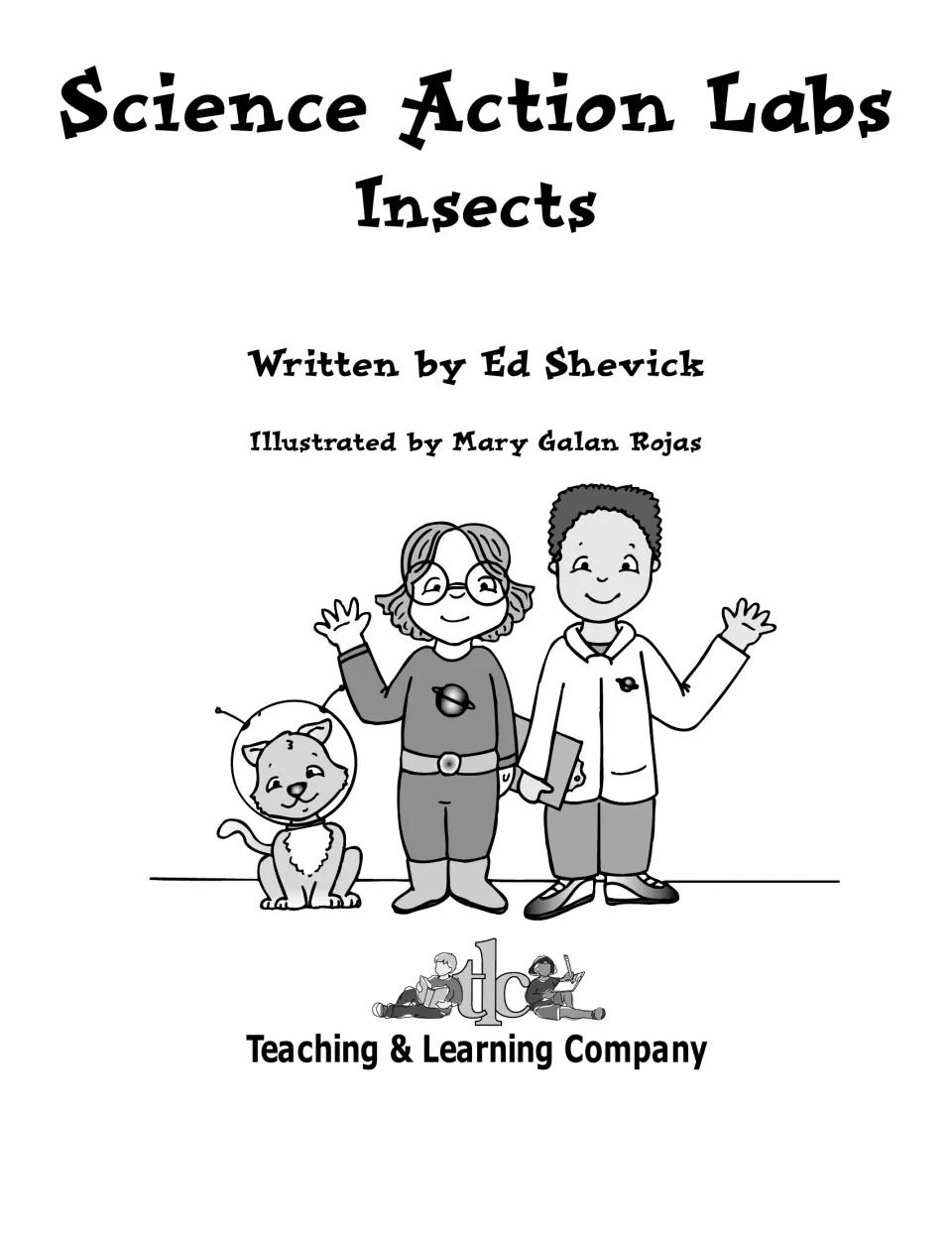 Title page naming author Ed Shevick and illustrator Mary Galan Rojas, with cartoon kid scientists and a cat in a helmet