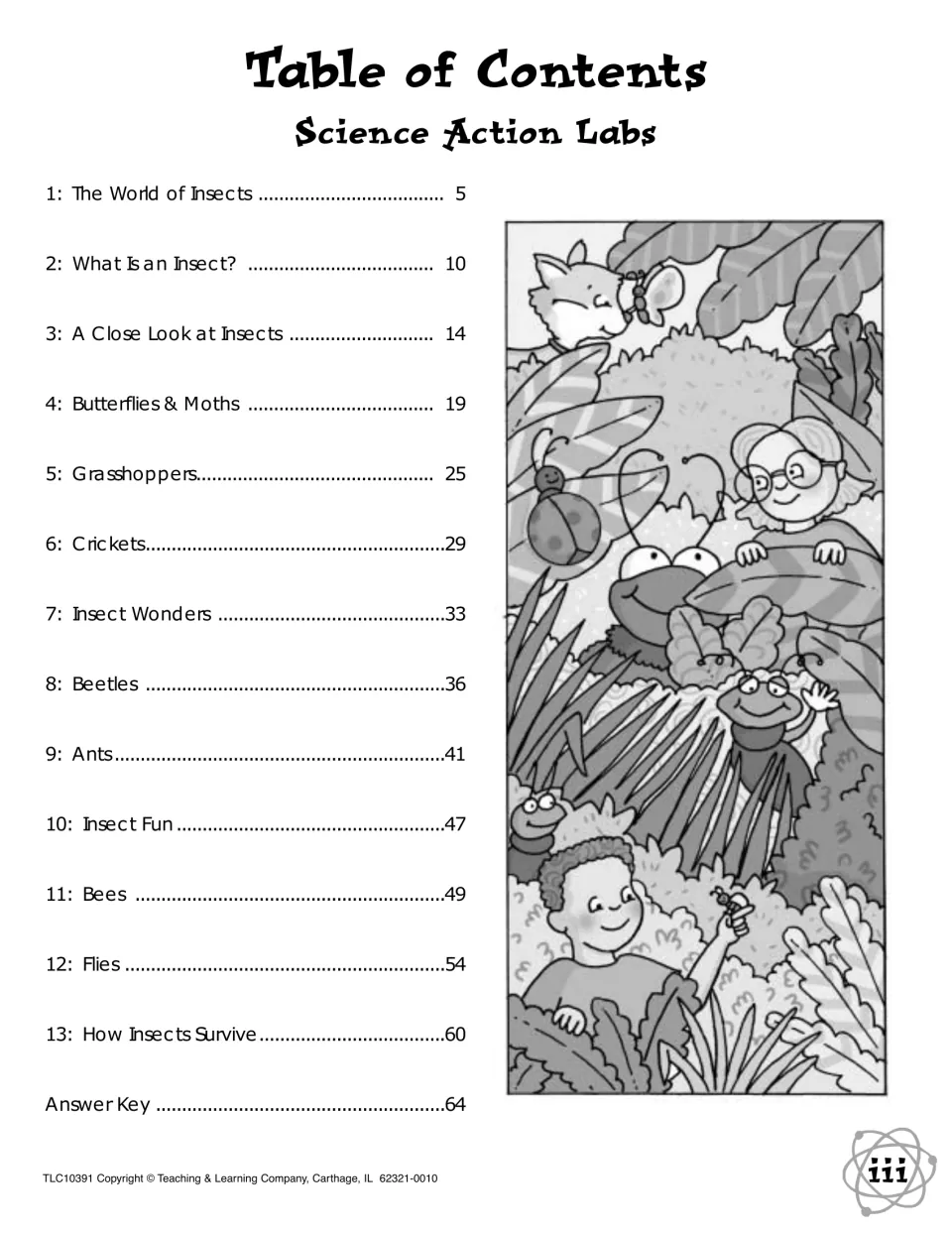 Table of contents listing 13 insect labs, from The World of Insects to How Insects Survive, plus the answer key on page 64