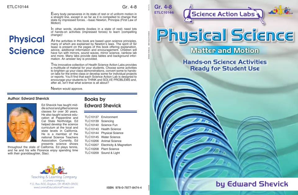 Physical Science, Matter and Motion book covers: hands-on activities, a back-cover summary, author bio and related titles