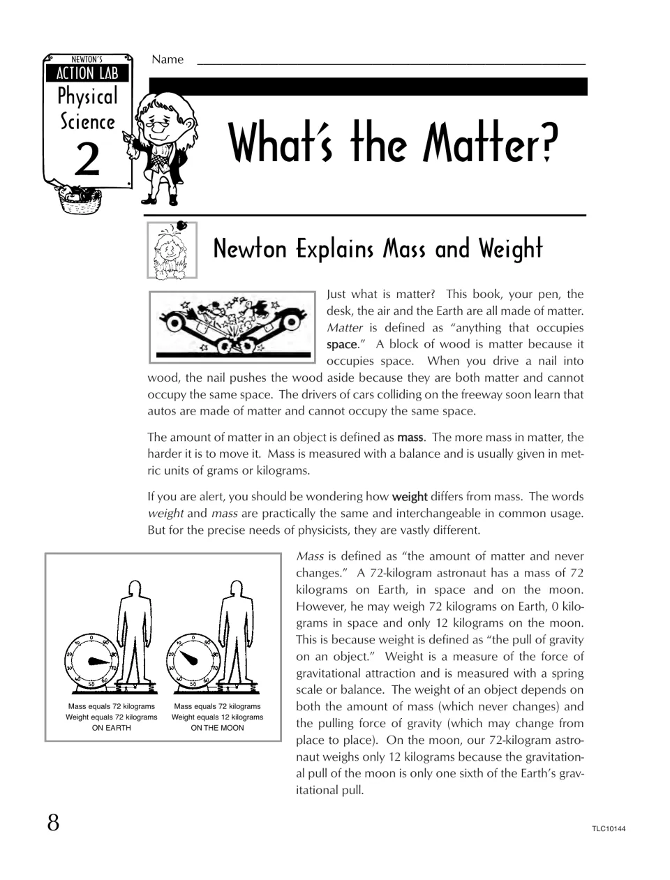 What's the Matter? Action Lab 2: students read how mass differs from weight, with an astronaut on Earth and moon scales