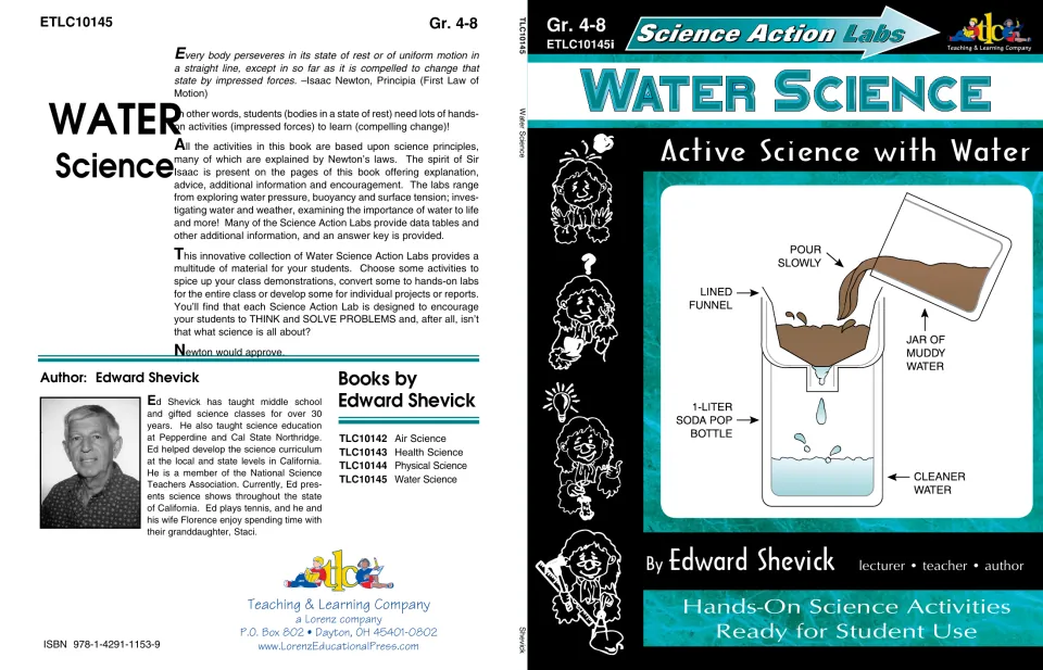 Water Science covers: front shows a muddy water filter diagram; back lists labs on pressure, buoyancy, surface tension