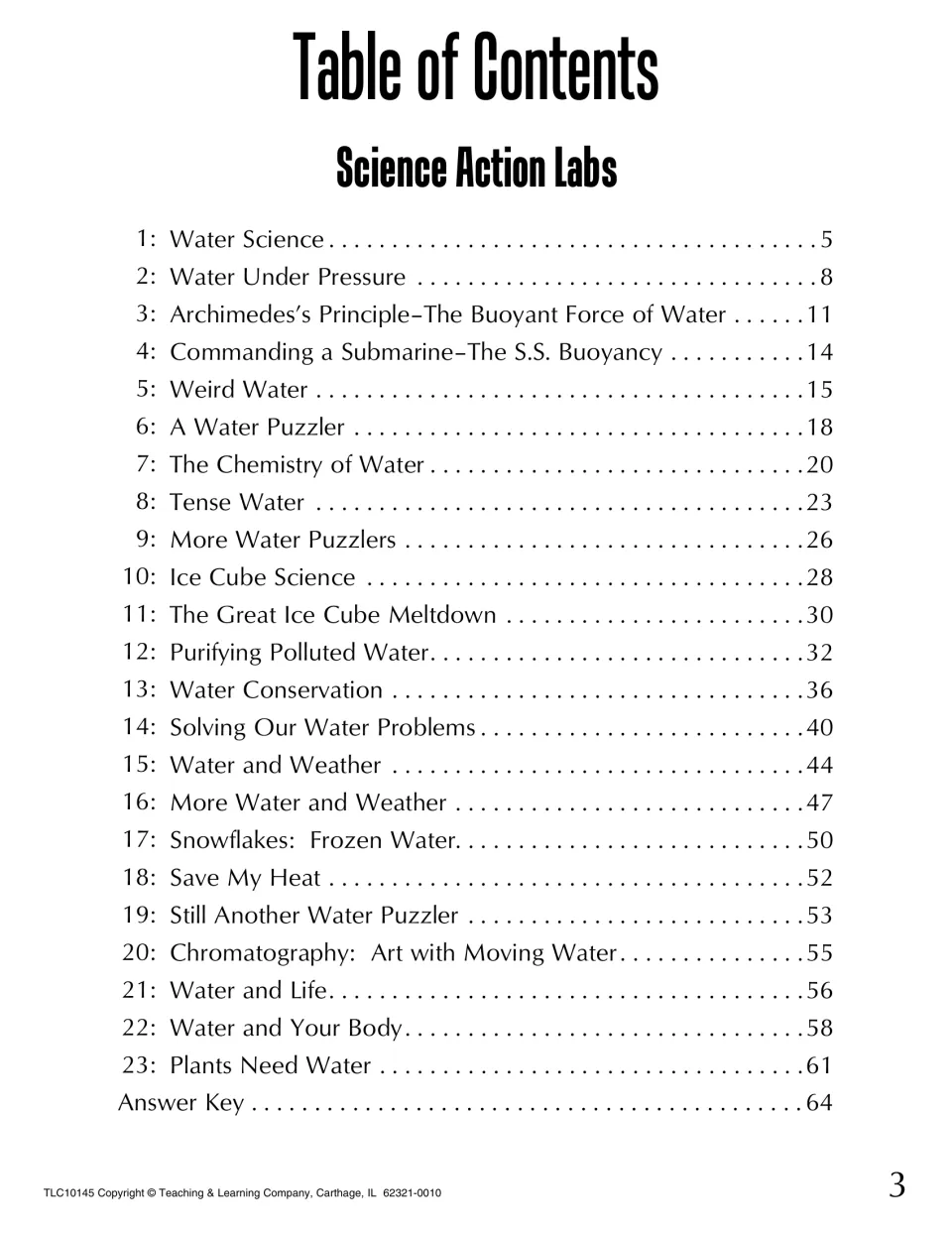 Table of contents listing 23 Science Action Labs, from Water Under Pressure to Plants Need Water, plus an answer key
