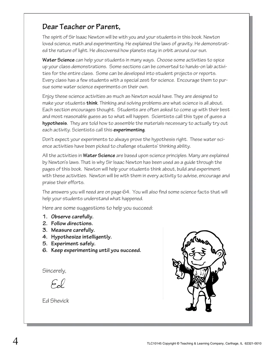 Teacher letter introducing Newton as the book's guide, explaining hypothesis and experimenting, with six tips for success