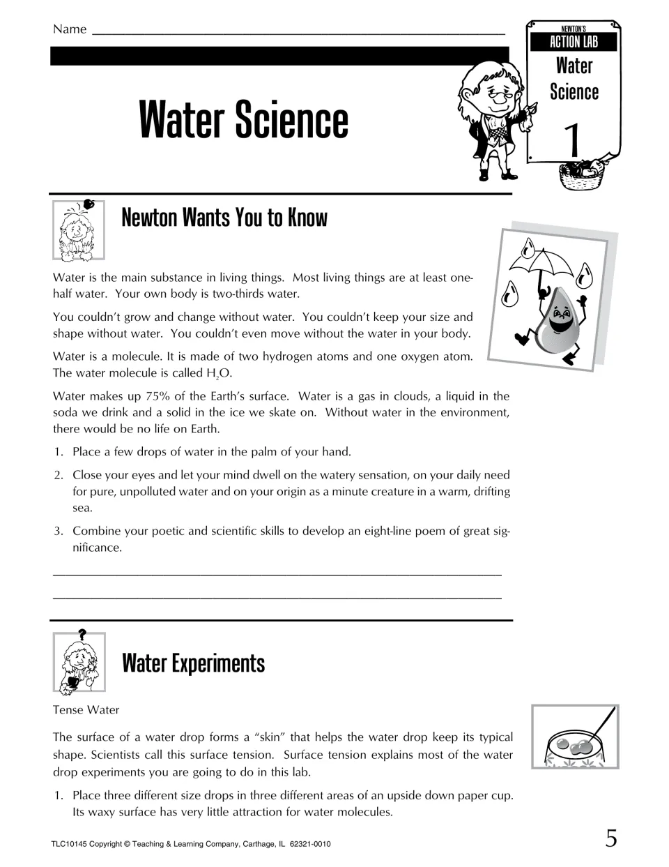 Water facts lab: students read about H2O, write an eight-line water poem, then start surface tension drops on a paper cup