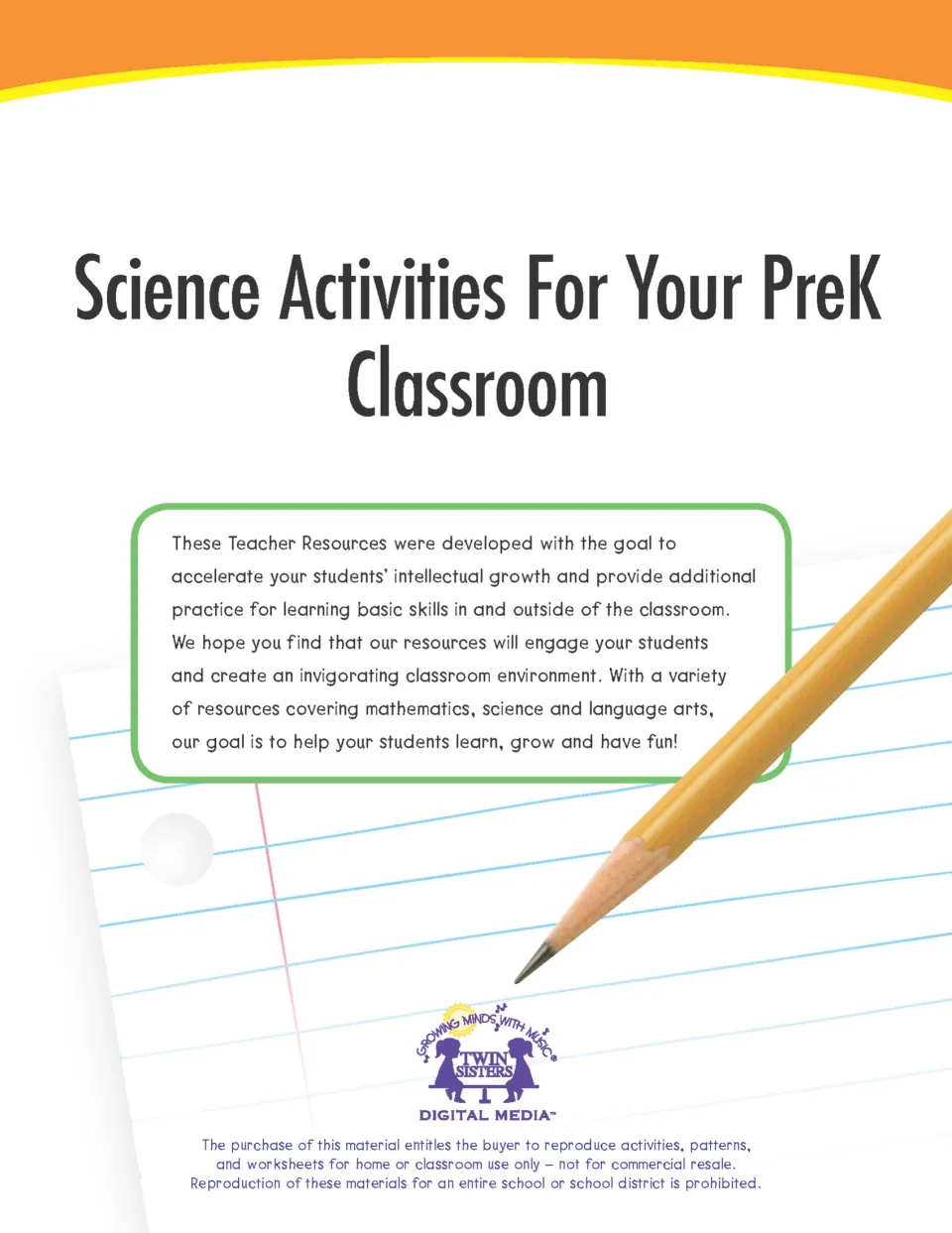 Science Activities For Your PreK Classroom cover from Twin Sisters Digital Media, with a pencil on notebook paper