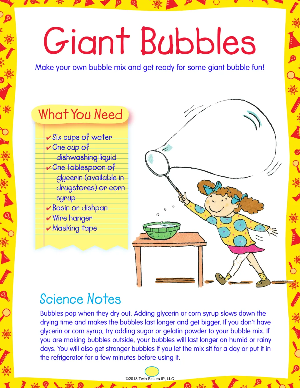 Giant Bubbles: materials list for homemade bubble mix with glycerin or corn syrup, plus science notes on why they pop