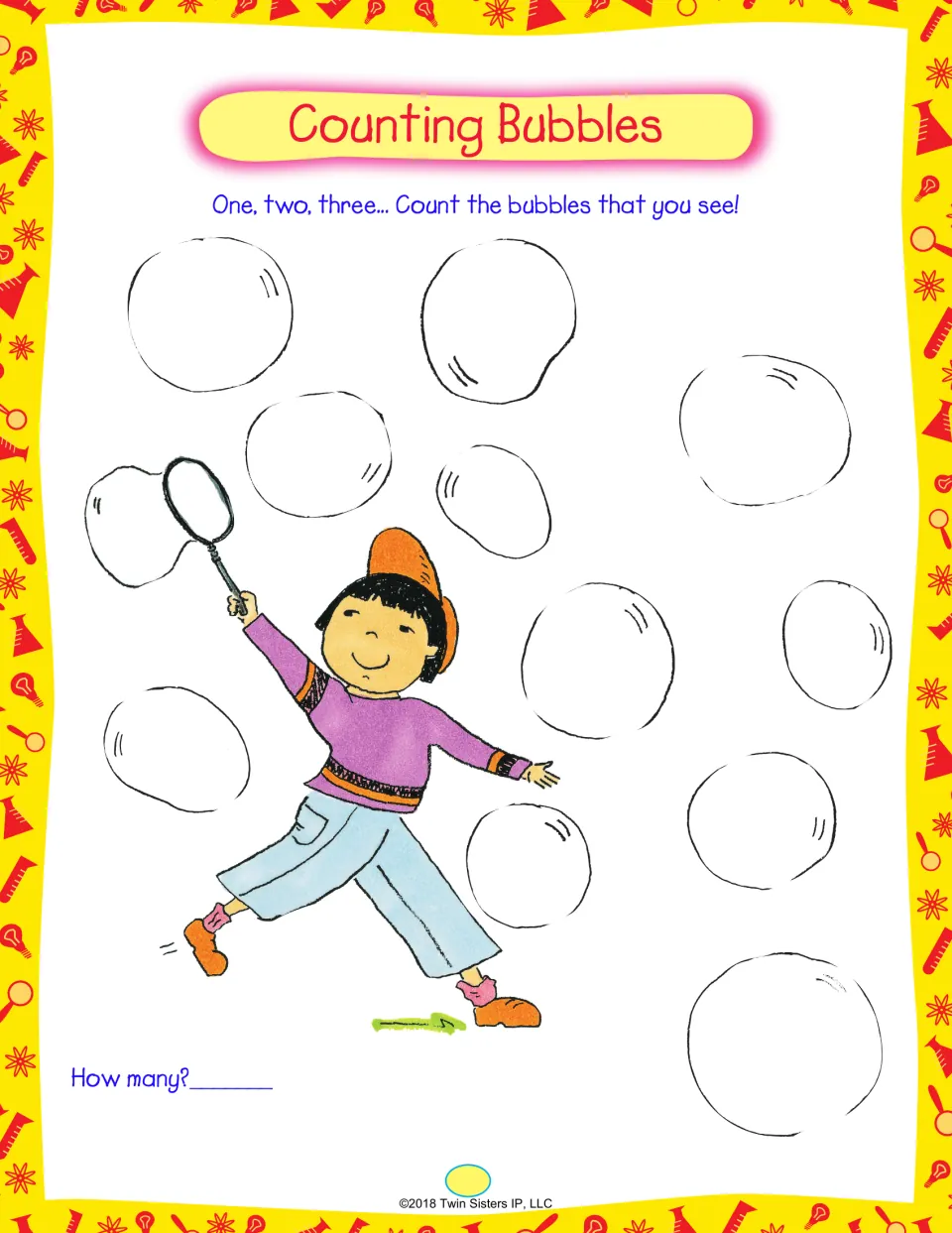 Counting Bubbles: children count the bubbles floating around a boy with a wand and write the total after How many?