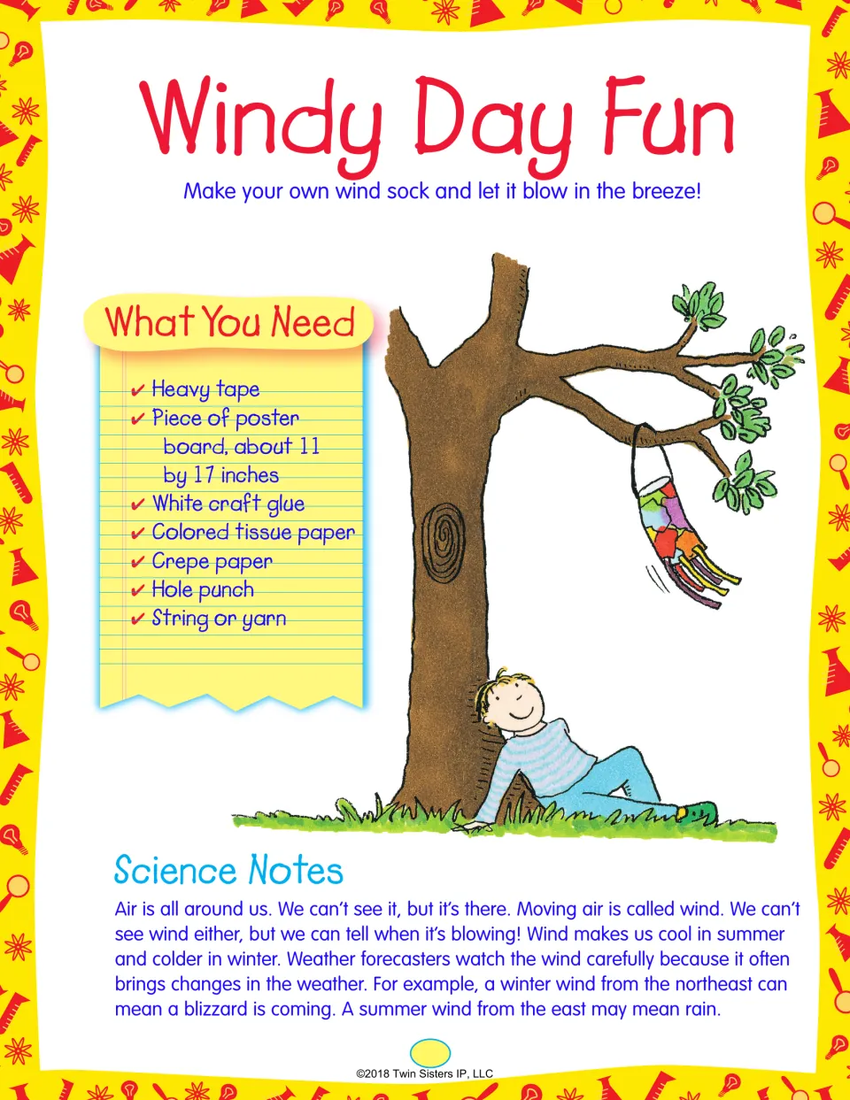 Windy Day Fun: supplies to make a wind sock from poster board, tissue and crepe paper, with science notes about wind