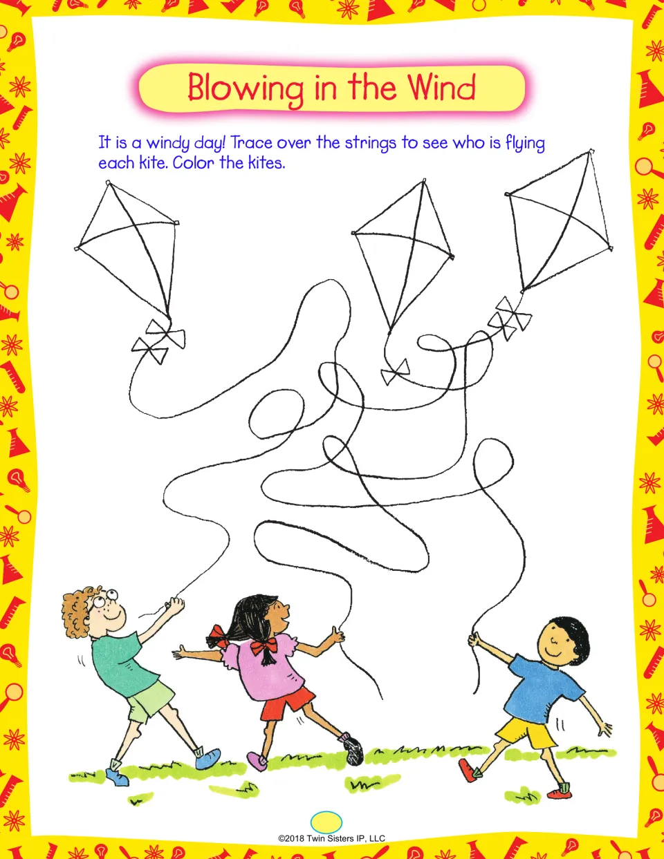 Blowing in the Wind: trace the tangled kite strings to match each of three children to a kite, then color them