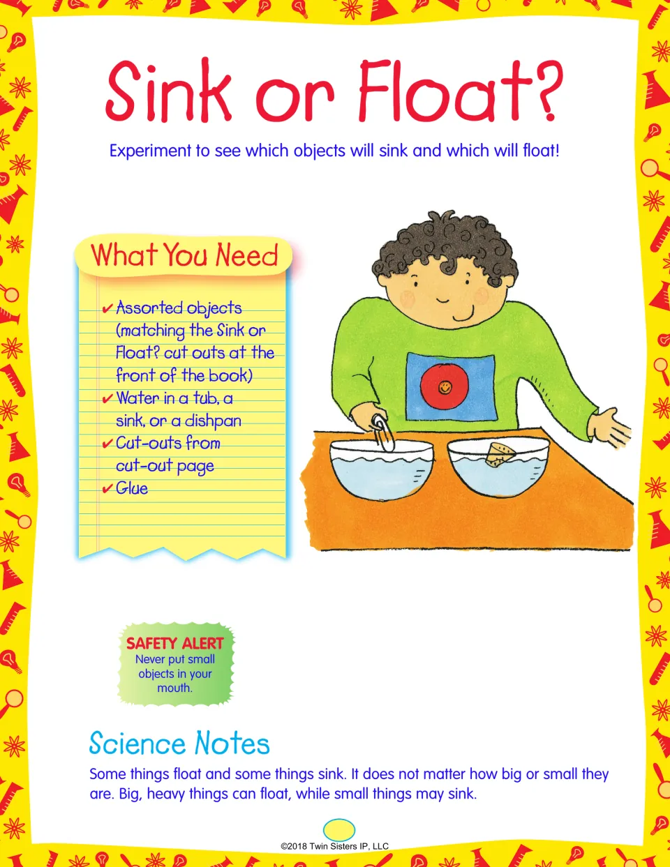 Sink or Float?: materials for testing which objects sink or float, a safety alert and a note that size doesn't matter