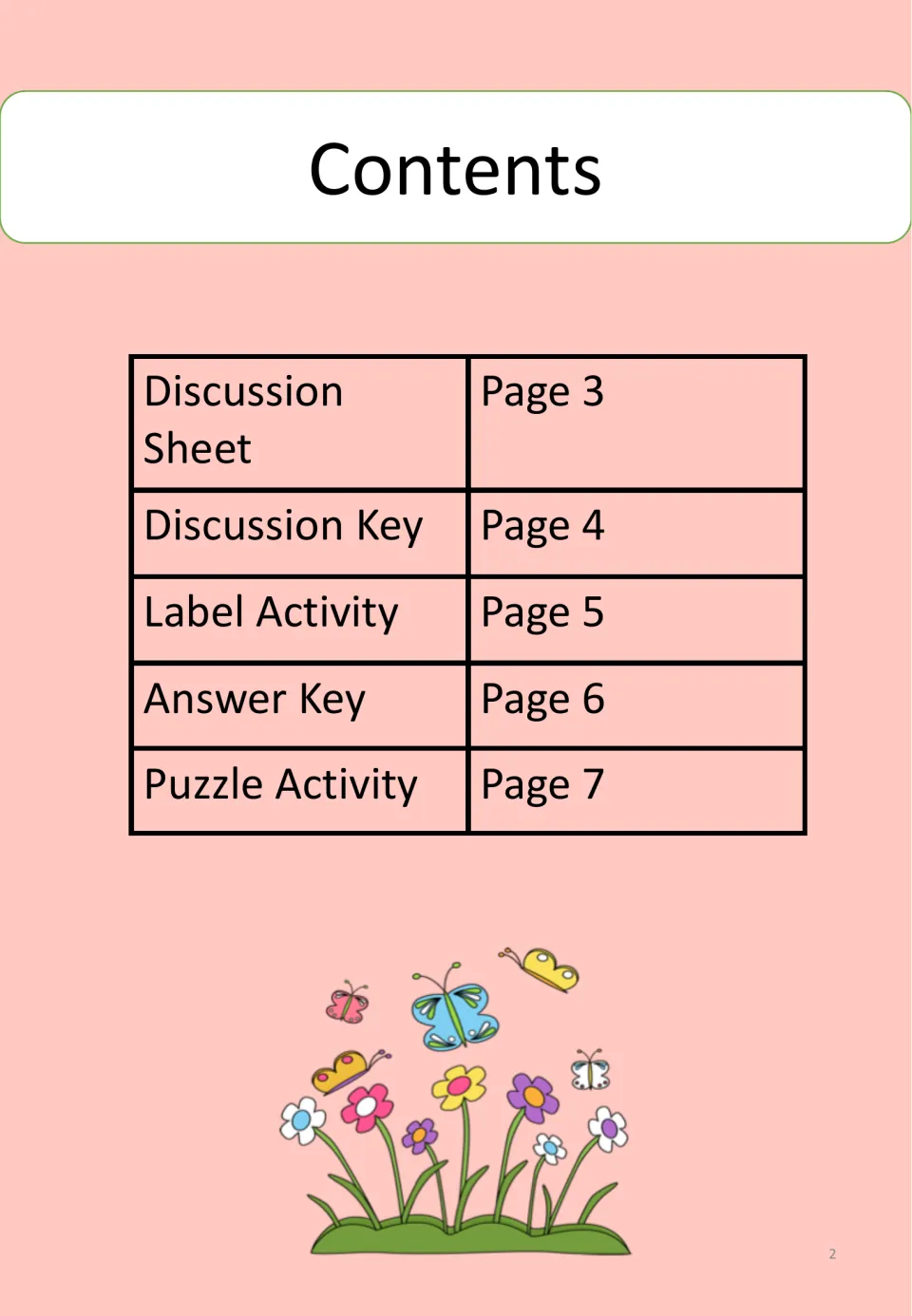 Contents list: discussion sheet, discussion key, label activity, answer key and puzzle activity, with their page numbers