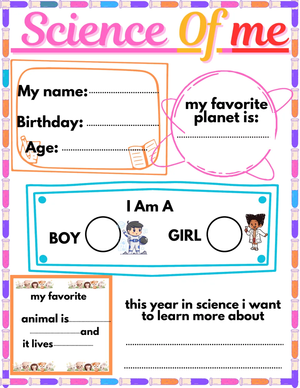 Science Of Me color sheet: students write name, age, favorite planet and animal, where it lives, and what to learn