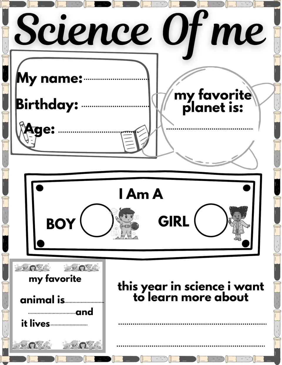Black-and-white Science Of Me: students fill in birthday, circle boy or girl, and name a science topic to learn this year