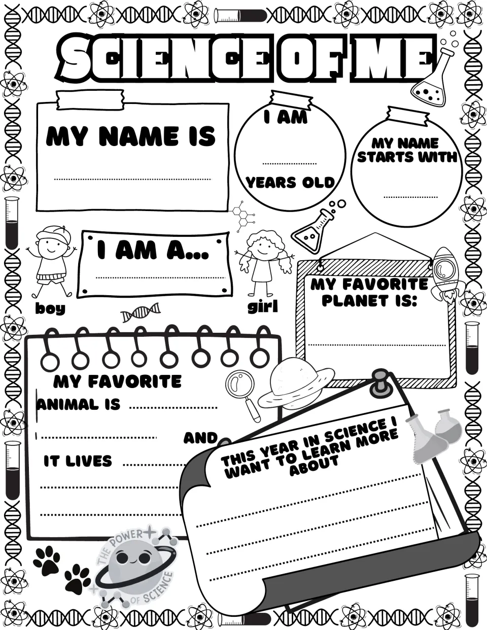 Science of Me, black and white: students write name, age, favorite planet and animal, and science topics to learn