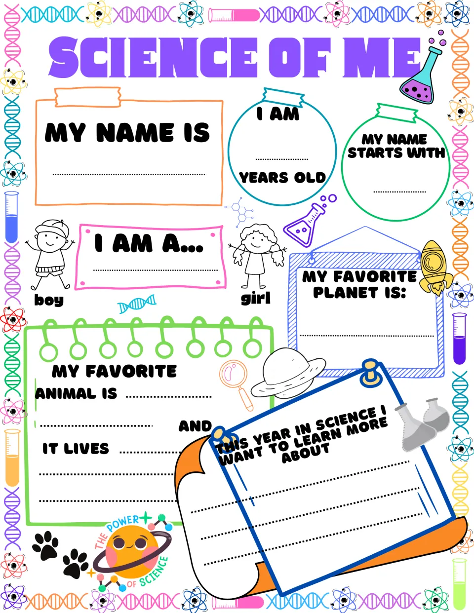 Science of Me in color: students fill in name, first letter, age, boy or girl, favorite animal and where it lives