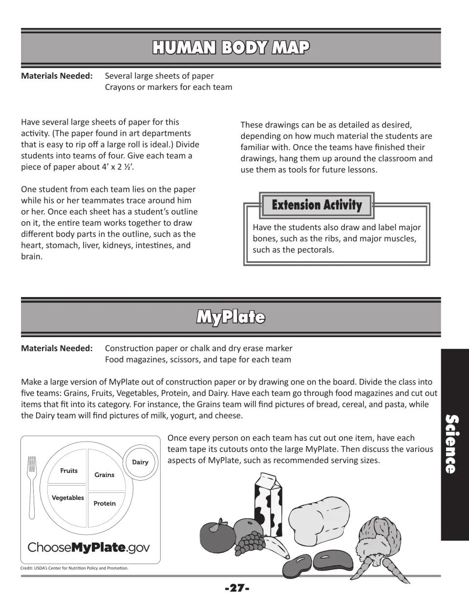 Human Body Map and MyPlate: teams trace a classmate and draw organs, then sort food pictures into five food groups